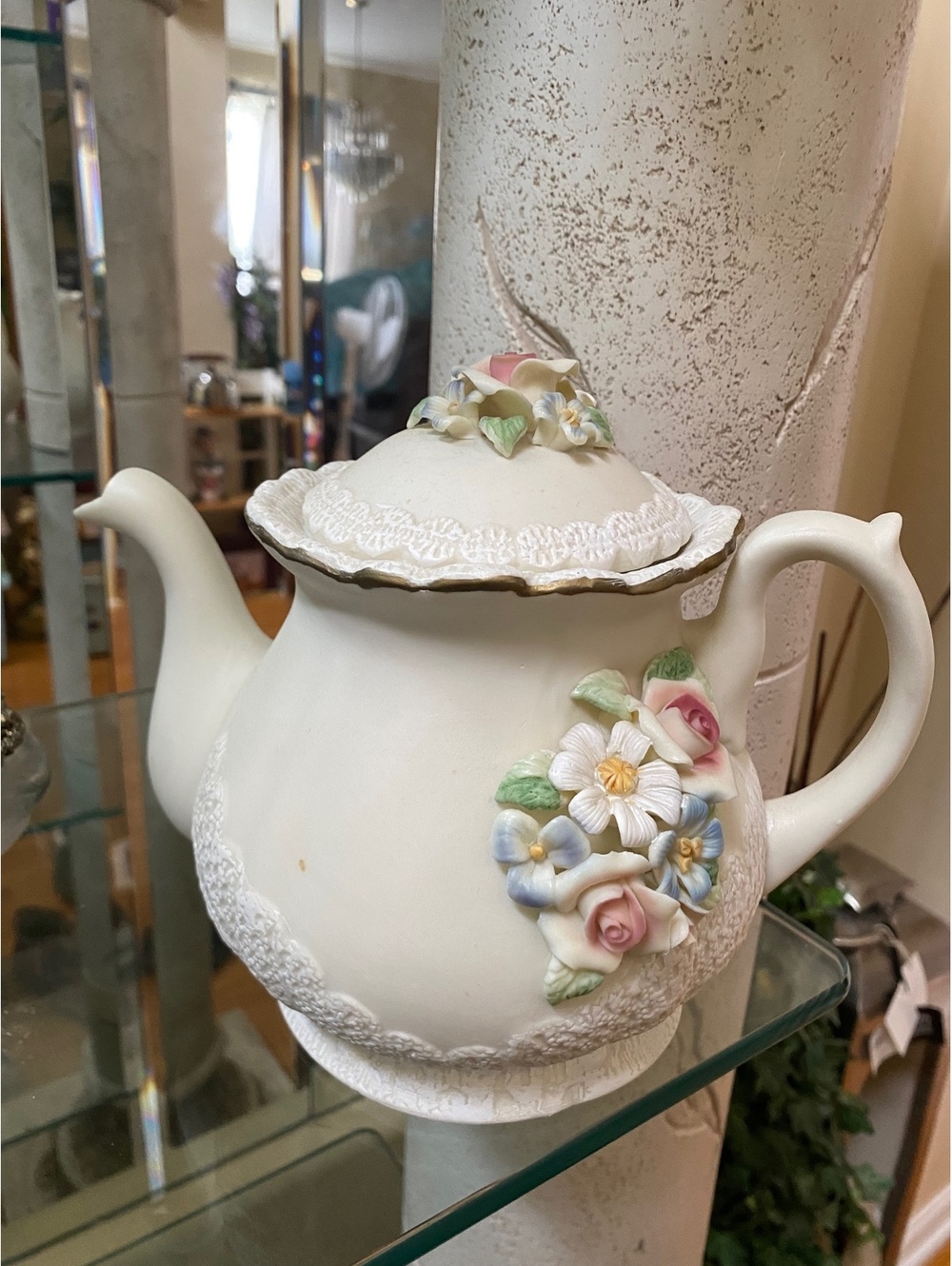 Vintage Ceramic Floral Embossed Teapot with Lid